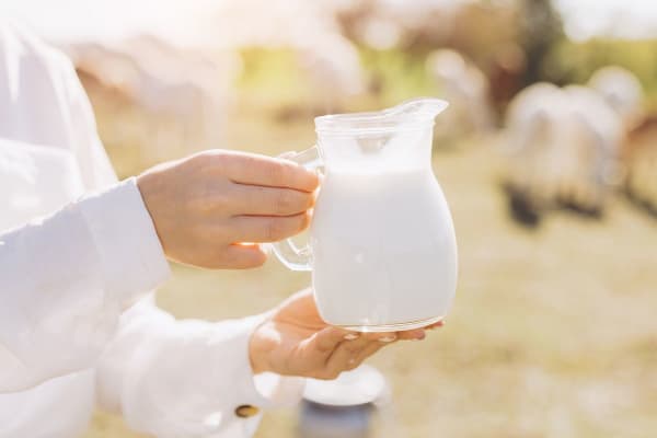 A woman holding a jug of milk